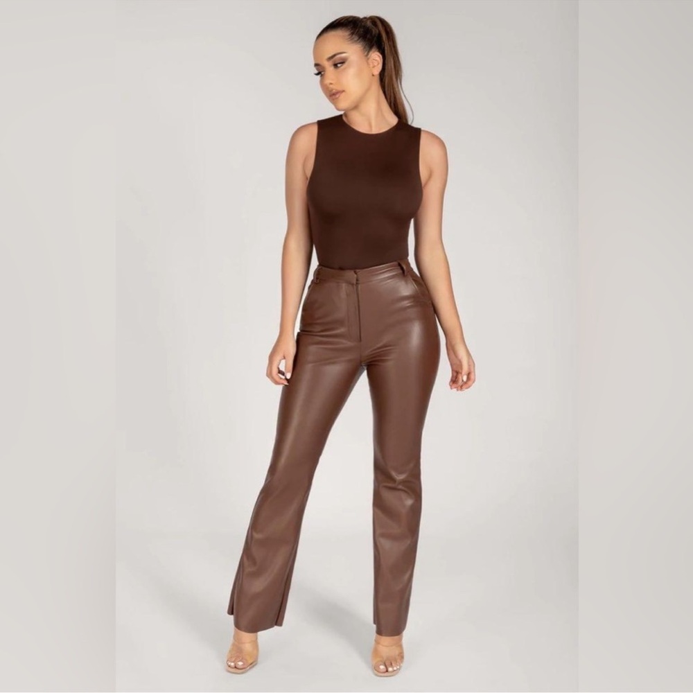 Meshki Tyra straight leg faux leather chocolate brown pants